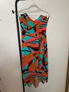 Strapless Geometric Print Midi Dress in Coral, Teal & Brown
